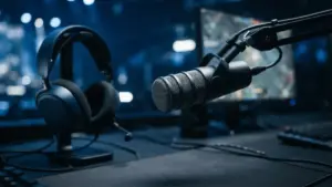 Professional gaming microphone and headset in Team Liquid blue lighting symbolizing team communication