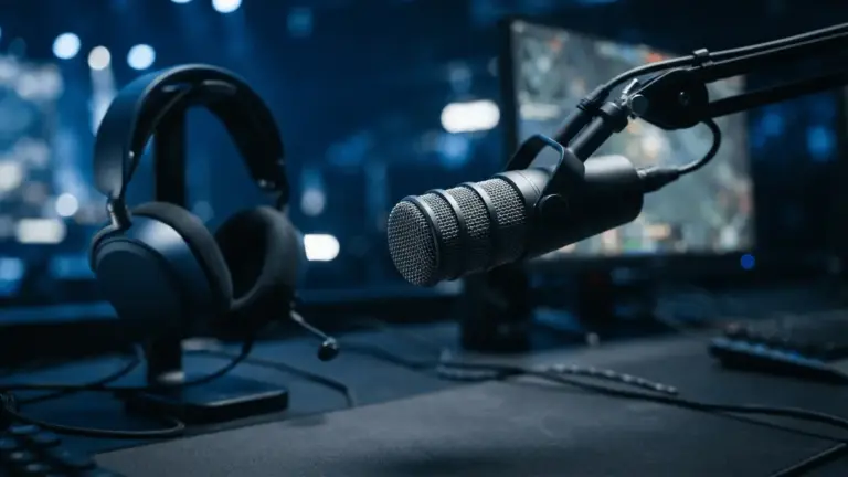 Professional gaming microphone and headset in Team Liquid blue lighting symbolizing team communication