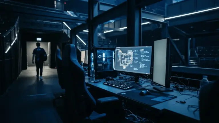 Team Liquid esports gaming setup with tactical CS2 strategy board and player silhouette leaving scene