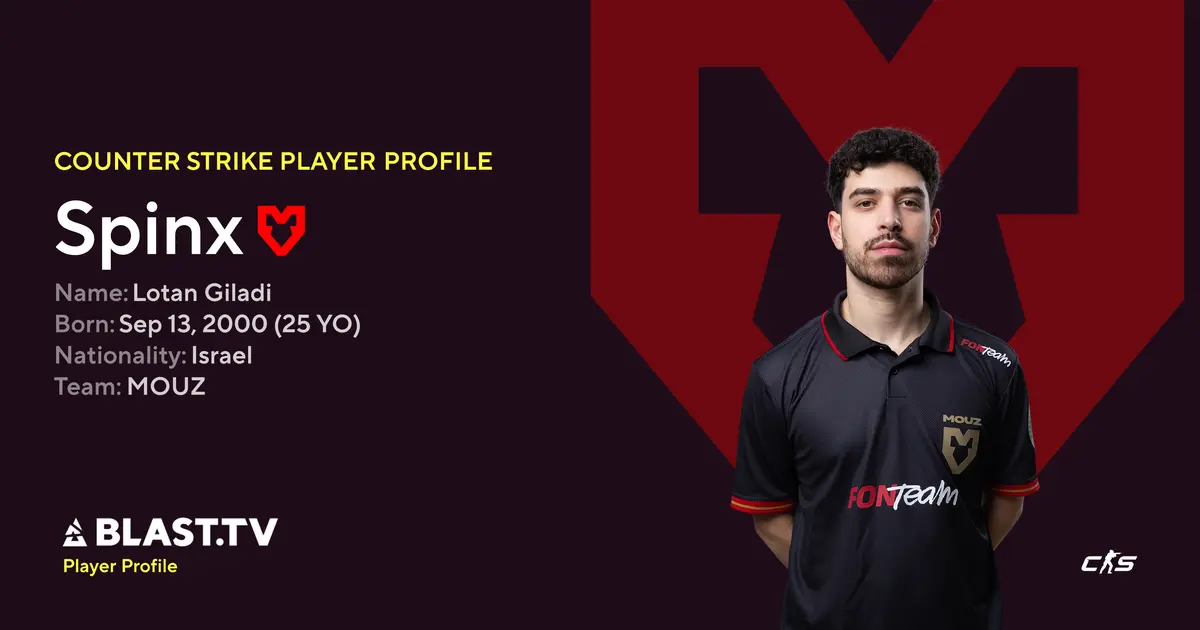 Lotan Giladi, known as Spinx, wearing a MOUZ jersey for his player profile.