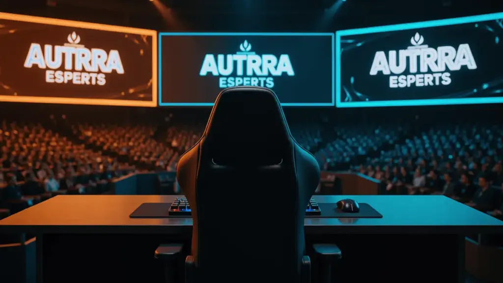 Empty esports gaming chair facing Aurora team logo on arena screens symbolizing roster transition