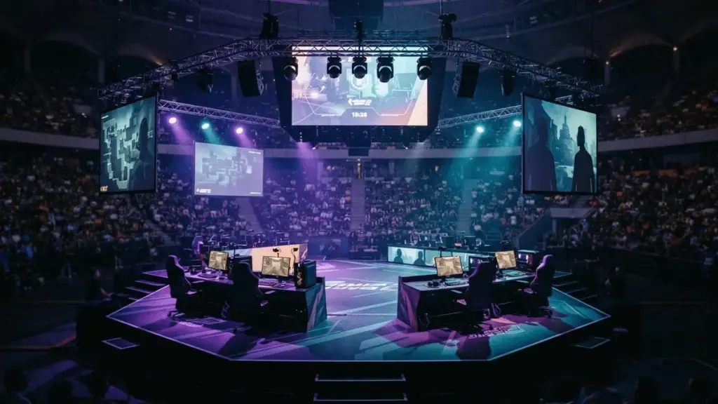 PGL Masters Bucharest 2026 esports arena stage with gaming stations and purple cyan lighting