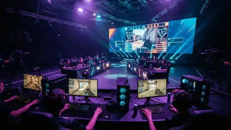 Professional Counter-Strike 2 LAN tournament stage with gaming stations and dramatic stage lighting
