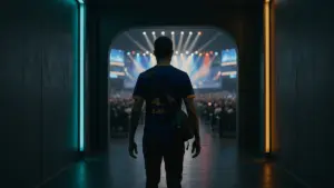 CS2 pro player walking toward arena lights in esports venue corridor