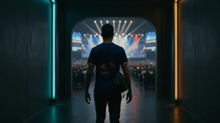 CS2 pro player walking toward arena lights in esports venue corridor