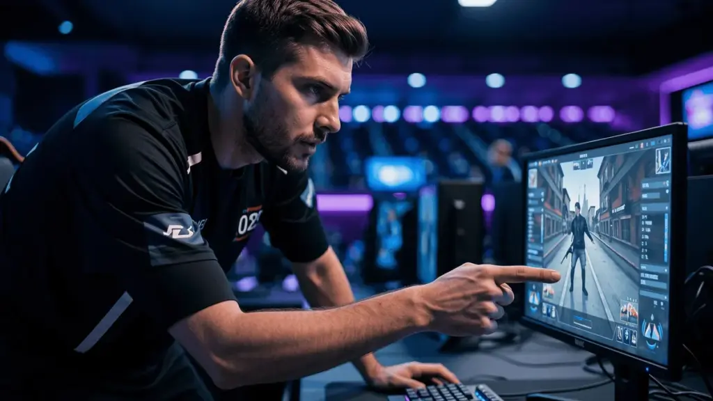 Professional CS2 coach directing player during intense competitive match with dramatic lighting