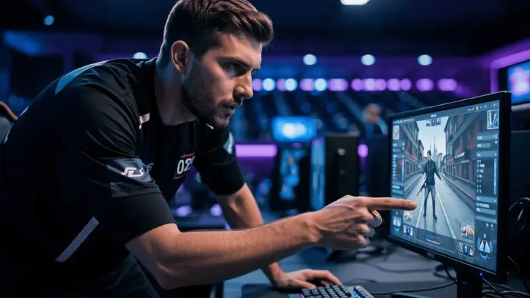 Professional CS2 coach directing player during intense competitive match with dramatic lighting
