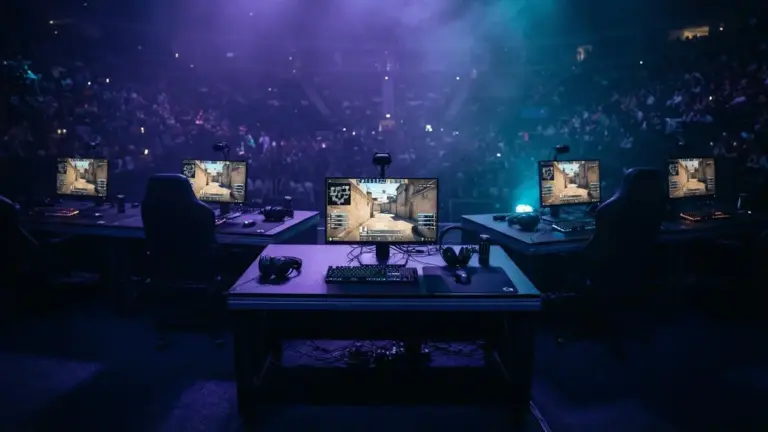 Professional esports arena stage with gaming setups under dramatic purple and cyan lighting during CS2 tournament