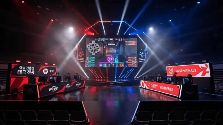 Valorant esports arena with opposing team stations for Pacific vs NA semifinal at Esports World Cup