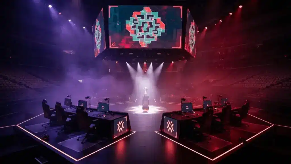 Valorant esports grand final stage setup with dramatic lighting and trophy display at EWC 2026