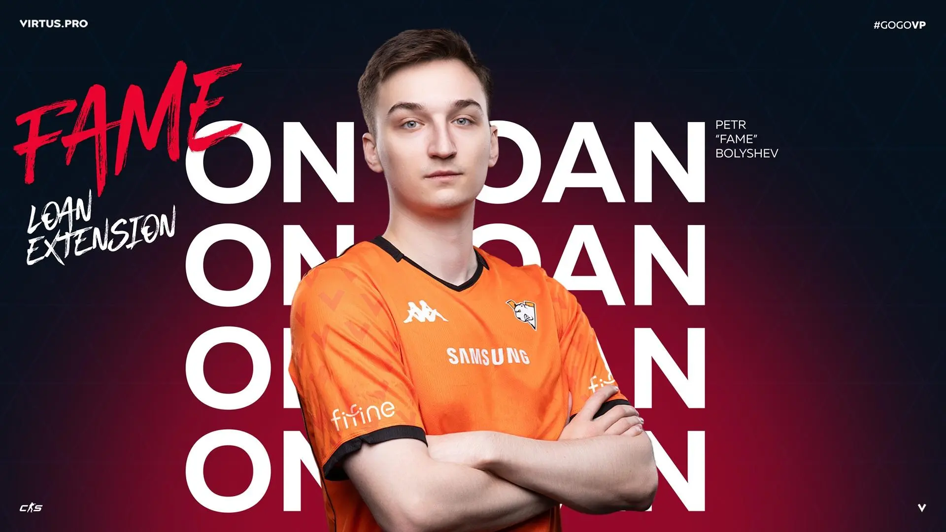 Petr 'Fame' Bolyshev in Virtus.pro jersey, promoting loan extension.