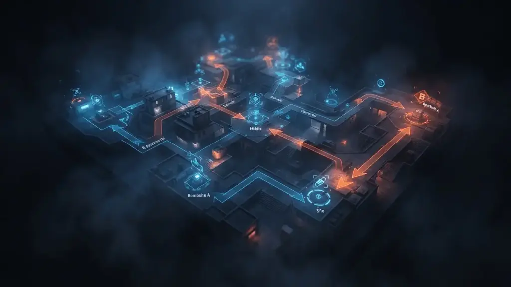 CS2 tactical map overview showing strategic positioning and lurk routes with glowing pathway overlays
