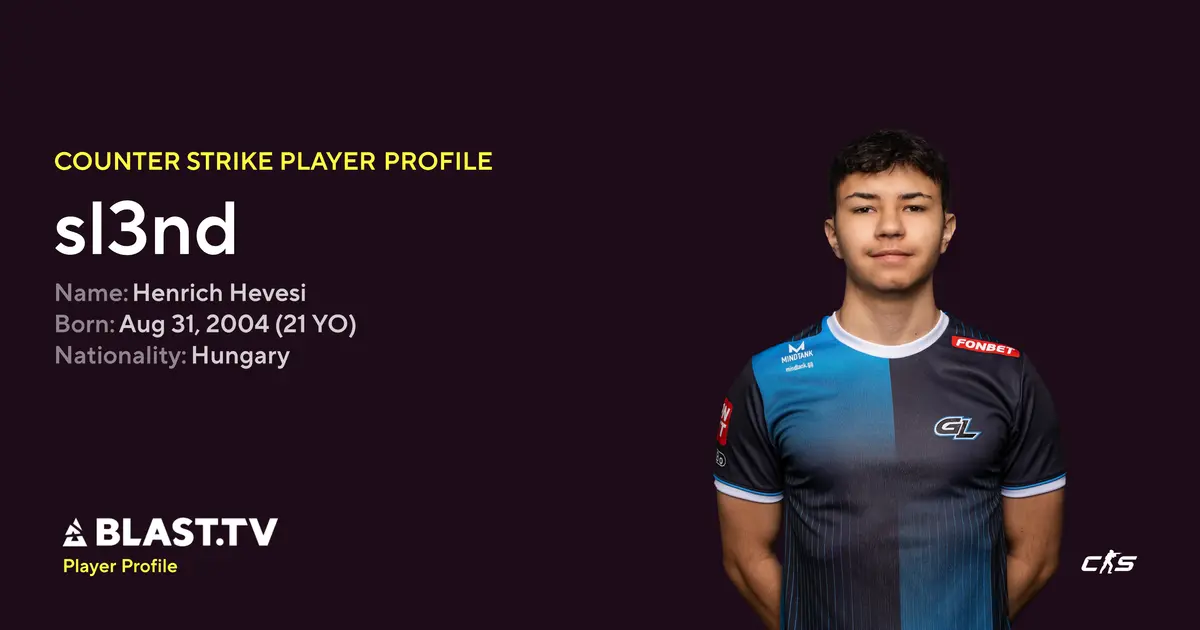 Player profile of Counter-Strike player sl3nd, Henrich Hevesi, wearing a blue GL team jersey.