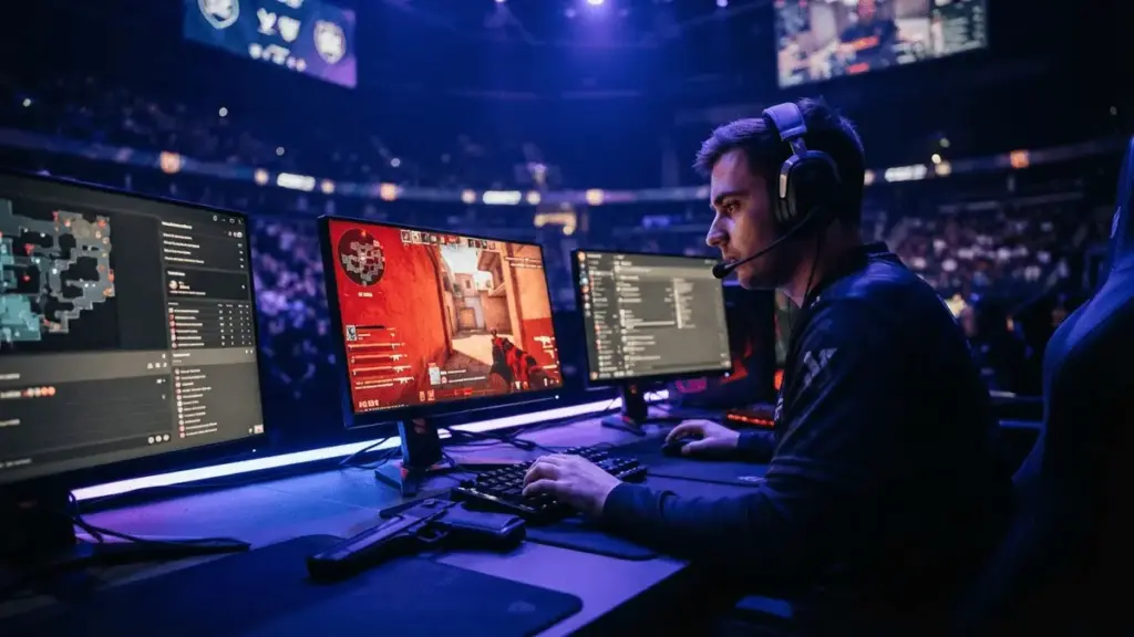 CS2 professional player at competitive gaming station under dramatic blue stage lighting during intense clutch moment