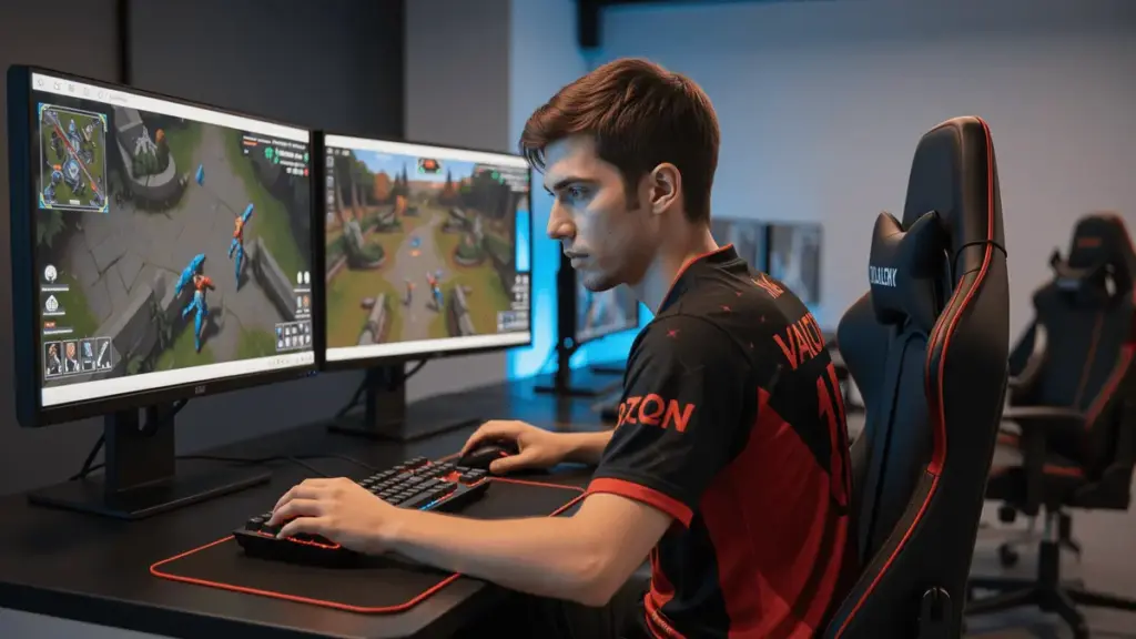 Professional Valorant player at gaming station with tactical overlays in modern esports training facility