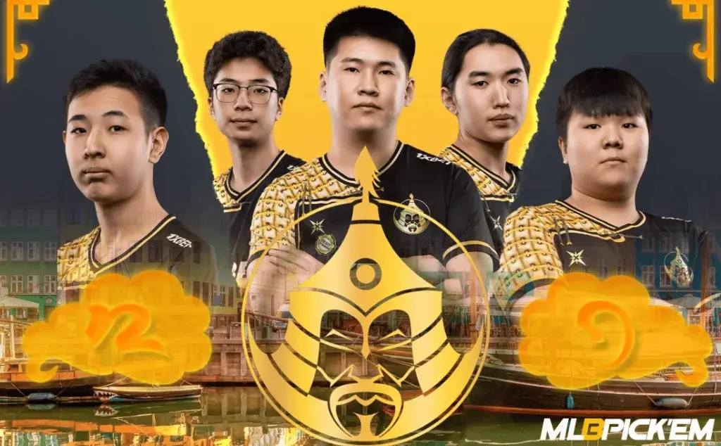 Five members of the MongolZ CS2 team posing in their black and gold jerseys against a stylized background.