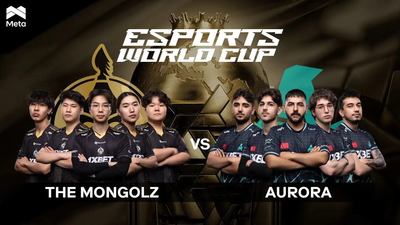 Promotional graphic for Esports World Cup featuring The MongolZ and Aurora CS2 teams facing off.