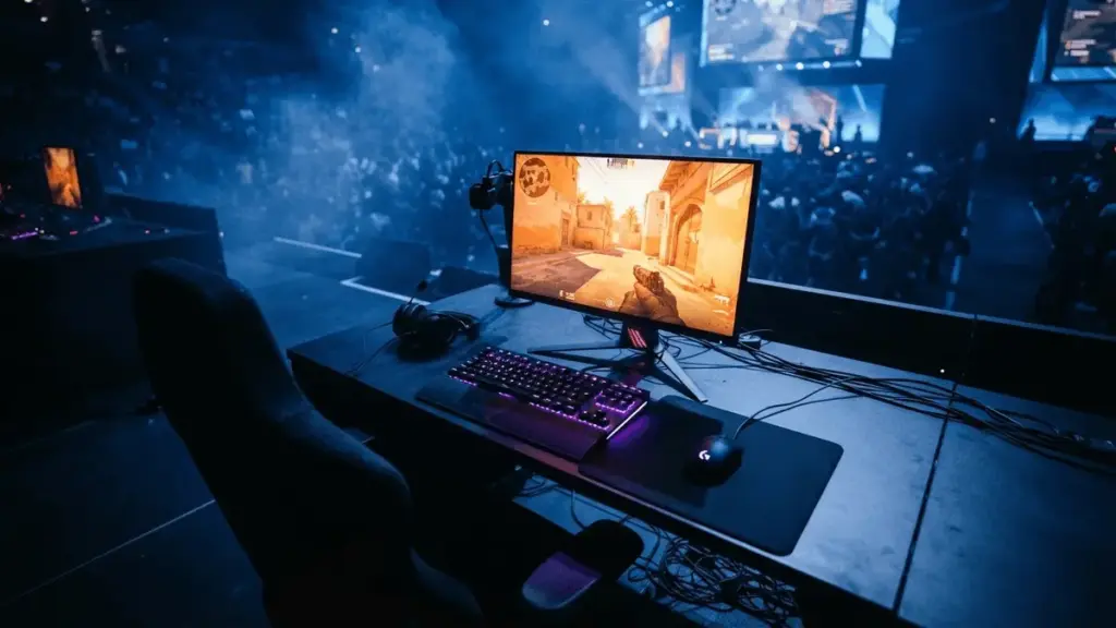 Professional Counter-Strike 2 gaming setup with purple and blue lighting in esports tournament arena atmosphere