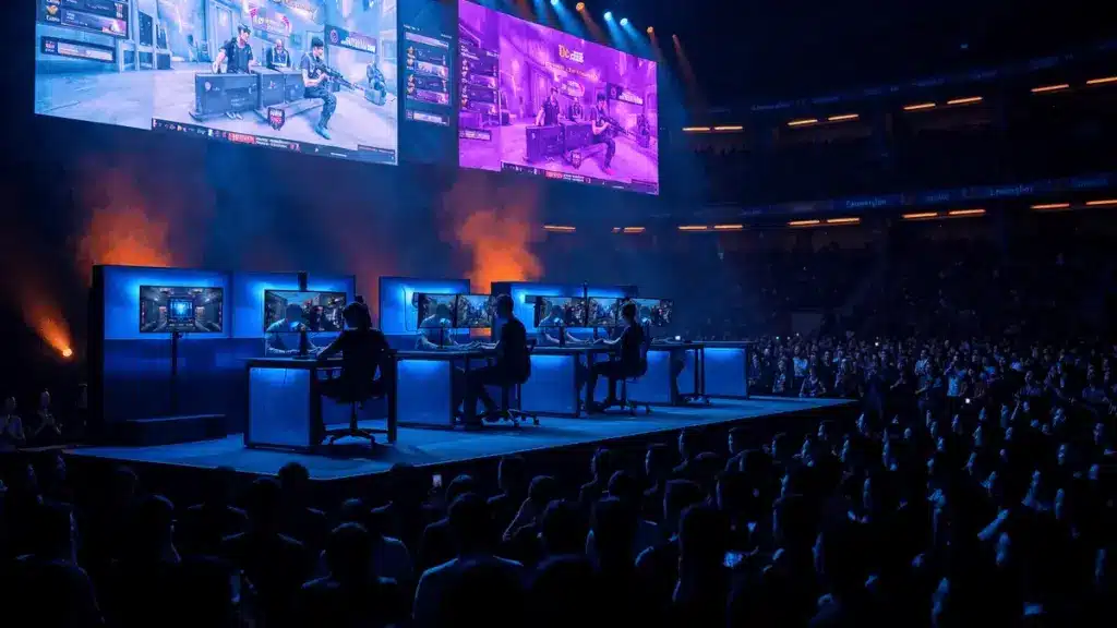 Counter-Strike 2 esports tournament stage in Guangzhou with dramatic lighting and intense competitive action