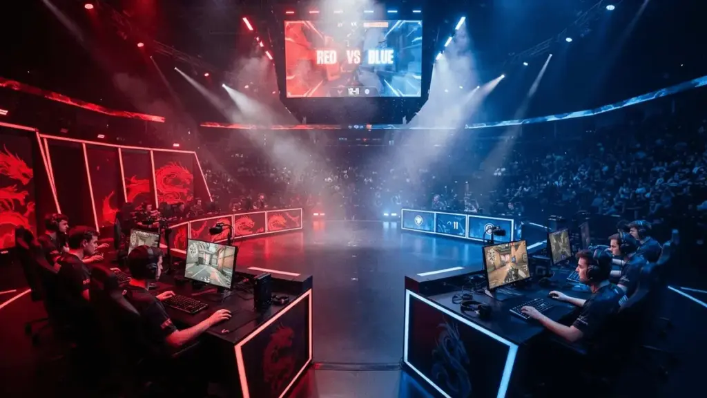 Tyloo vs EDward Gaming VALORANT esports match stage with dramatic red and blue lighting