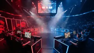 Tyloo vs EDward Gaming VALORANT esports match stage with dramatic red and blue lighting