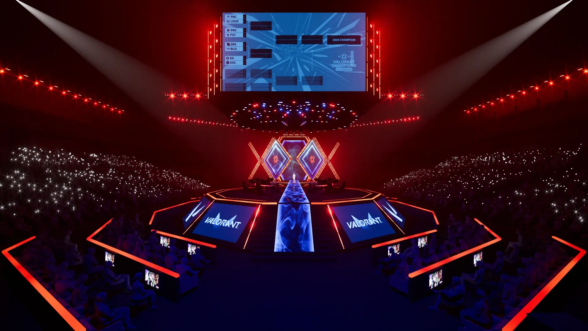 VALORANT Champions tournament stage with audience and lit up visuals.