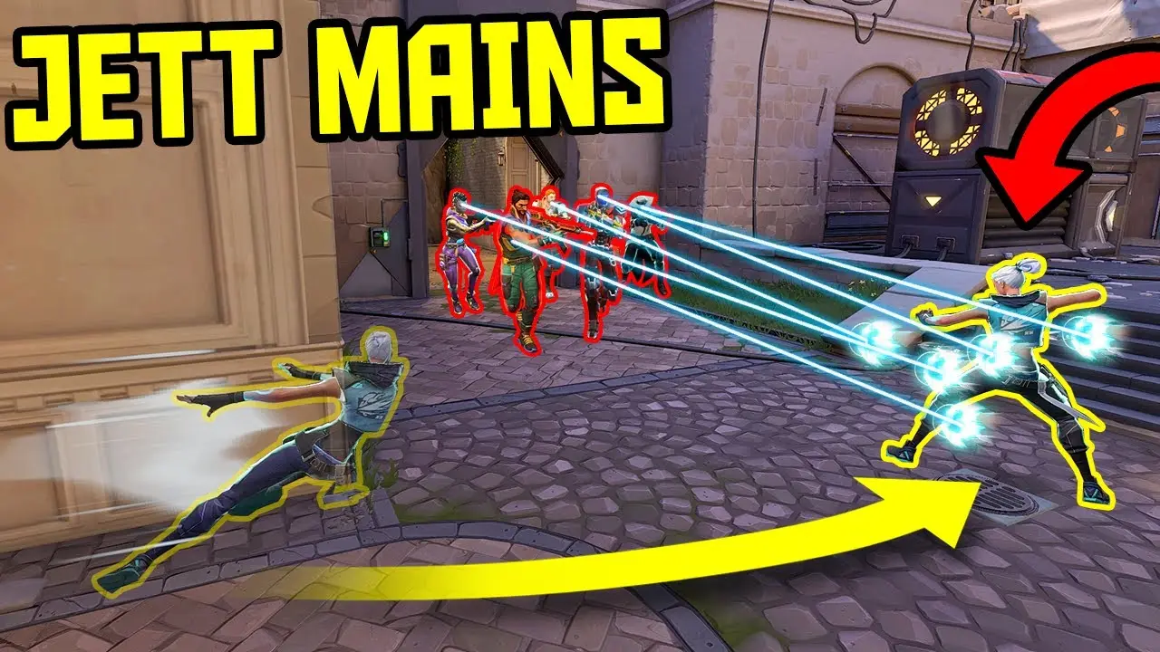 Jett from Valorant executing abilities in a dynamic gameplay scene.