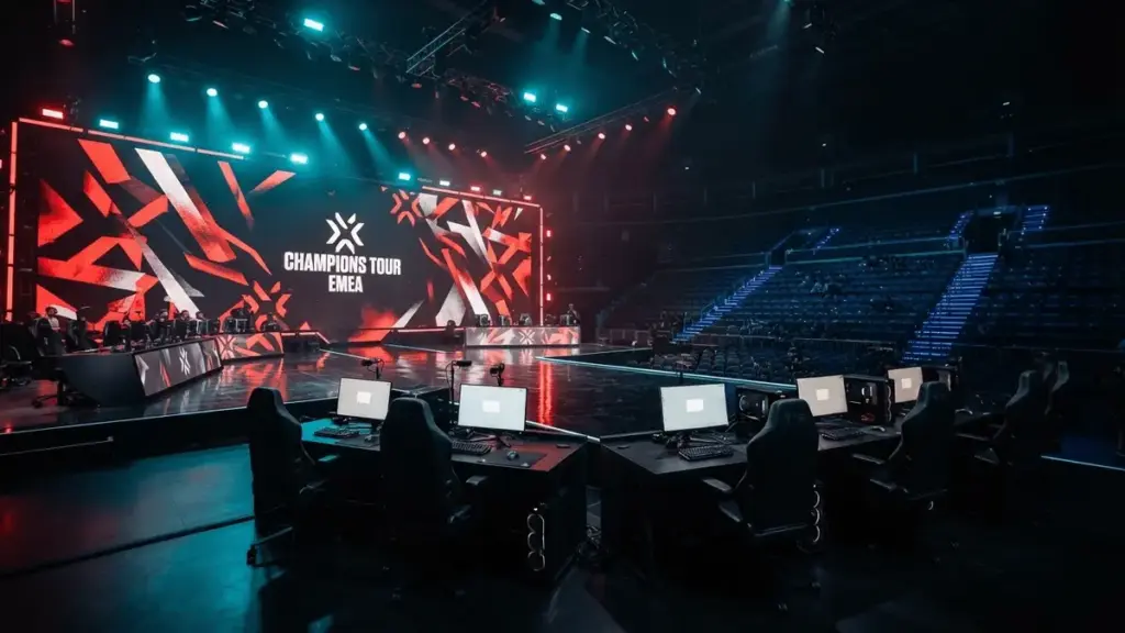 VALORANT Champions Tour EMEA esports arena stage with dramatic lighting and gaming stations