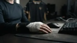Bandaged wrist and support brace on gaming desk next to mouse and keyboard