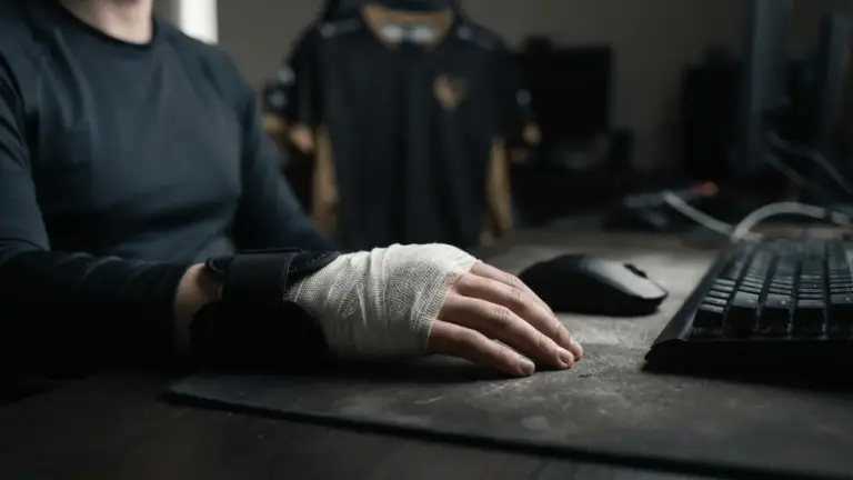 Bandaged wrist and support brace on gaming desk next to mouse and keyboard