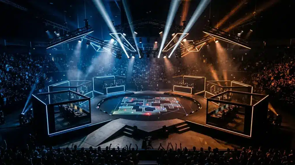 Six illuminated esports stations represent the BLAST Open Porto playoff race in a dramatic arena setting
