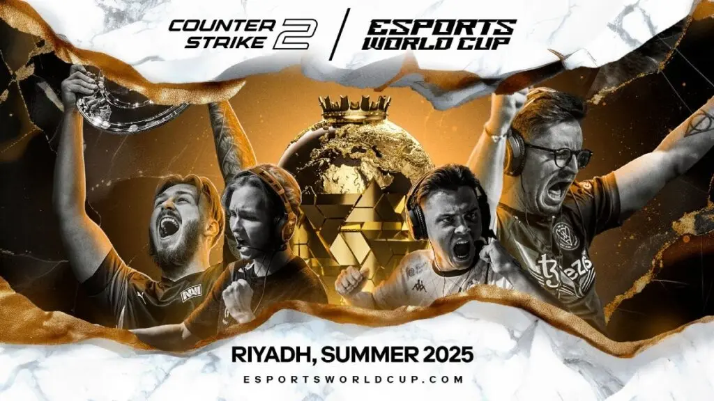 Promotional graphic for Counter-Strike 2 at the Esports World Cup in Riyadh, Summer 2025