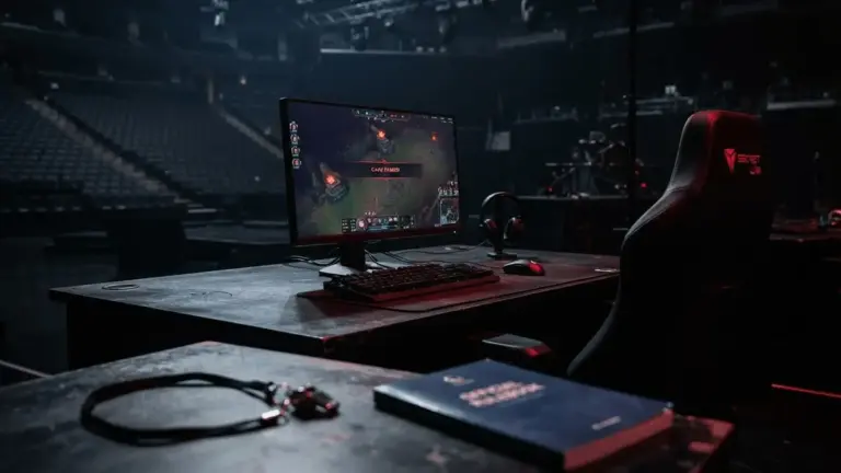 Empty esports gaming station with League of Legends match paused on monitor in dark competitive venue