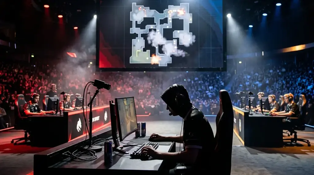 Counter-Strike 2 esports stage depicting Team Spirit overcoming Vitality in a tense quarter-final