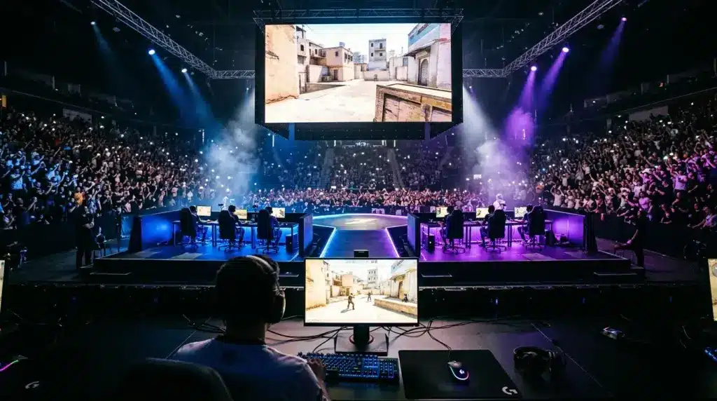 Cinematic esports stage and gaming setup symbolizing Spirit’s dominant CS2 playoff win and Vitality rematch