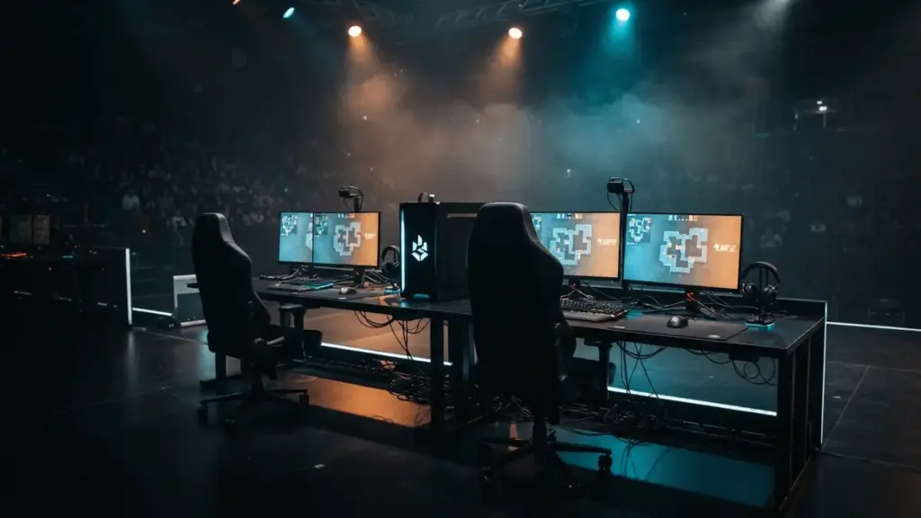Team Spirit gaming station at BLAST Bounty Season 2 tournament stage with CS2 Ancient map displayed