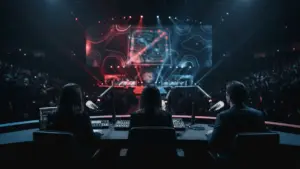 Dota 2 esports broadcast desk illuminated inside a major tournament arena