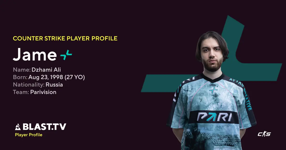 Counter-Strike player profile for Jame, featuring Dzhami Ali in a PariVision jersey