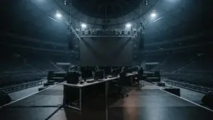 Empty Spodek Arena esports stage prepared for a major CS2 tournament in Katowice