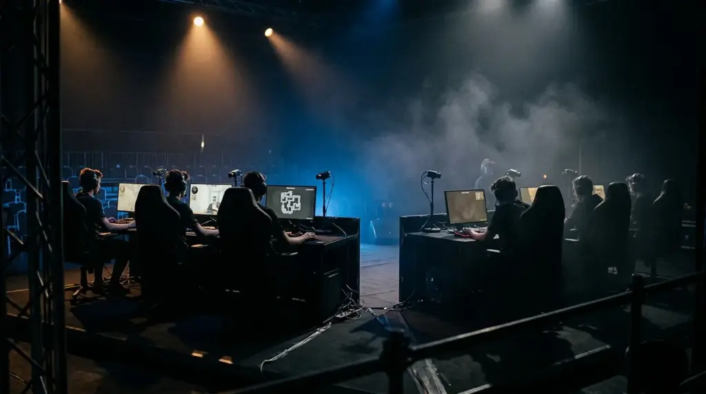 Anonymous esports players compete in a tense Counter-Strike open qualifier arena