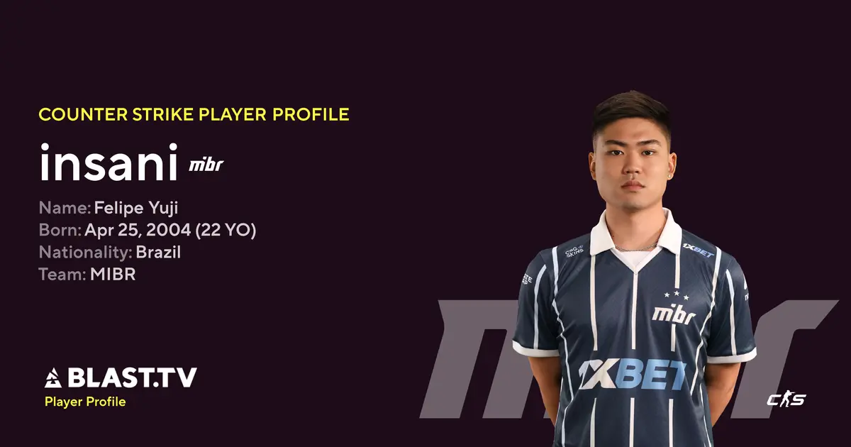 Player profile of Felipe Yuji, known as insani, wearing a MIBR team jersey against a dark background.