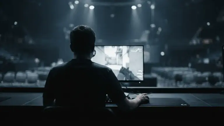Anonymous esports player competing under arena lights during a high-stakes Counter-Strike qualifier