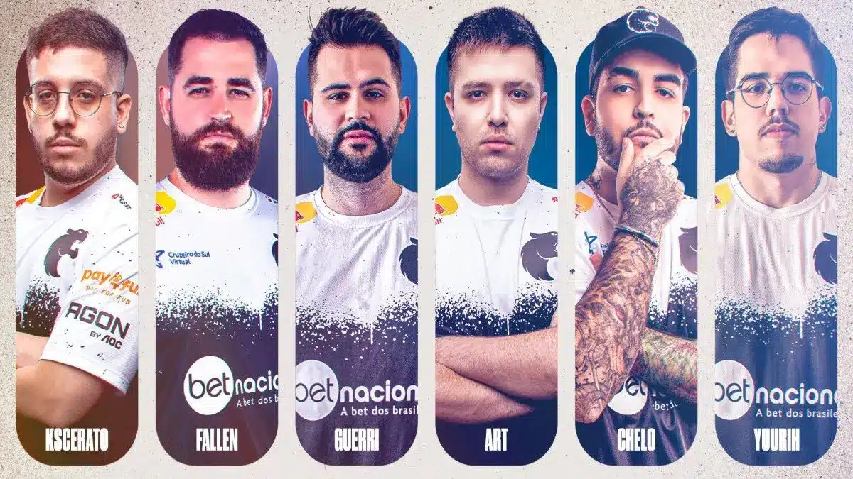 Lineup of six FURIA esports players wearing team jerseys, including Kscerato, Fallen, Guerri, Art, Chelo, and Yuurih.