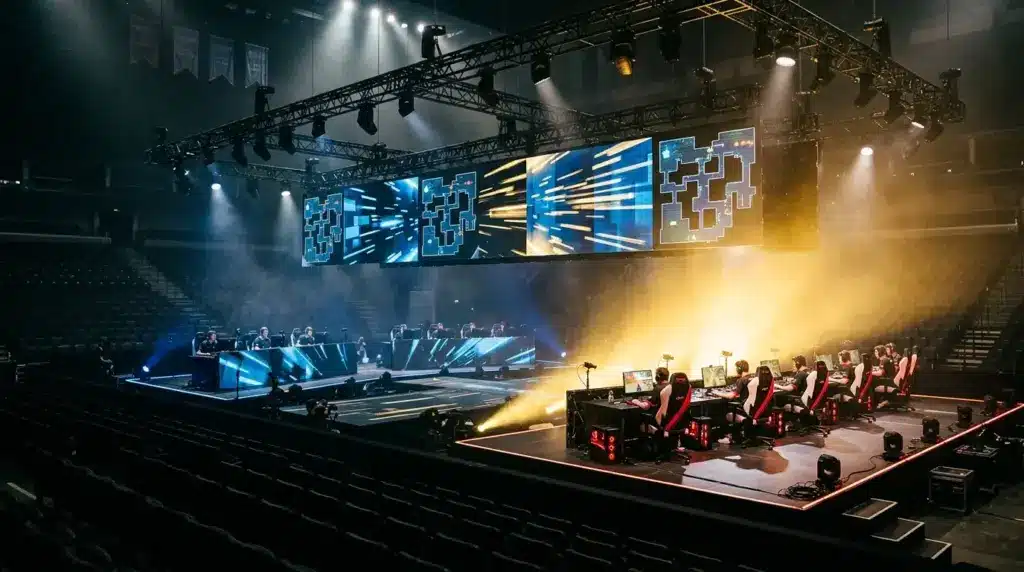 Counter-Strike esports arena glowing during a dramatic playoff comeback