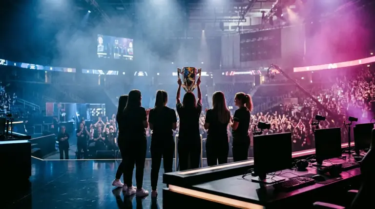 Women’s esports team celebrates a championship trophy during a transition from Counter-Strike to VALORANT