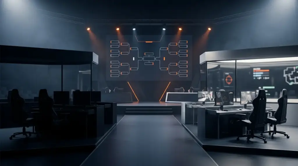 Empty CS2 arena stage showing a dark booth and an orange-lit replacement team setup