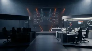 Empty CS2 arena stage showing a dark booth and an orange-lit replacement team setup
