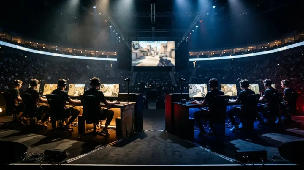 Tense CS2 Dust2 overtime semifinal scene on a professional esports stage