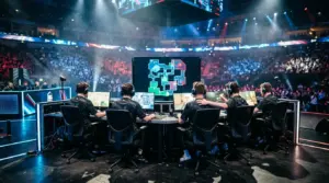 GamerLegion players celebrate a dominant Counter-Strike esports tournament sweep on a lit competitive stage