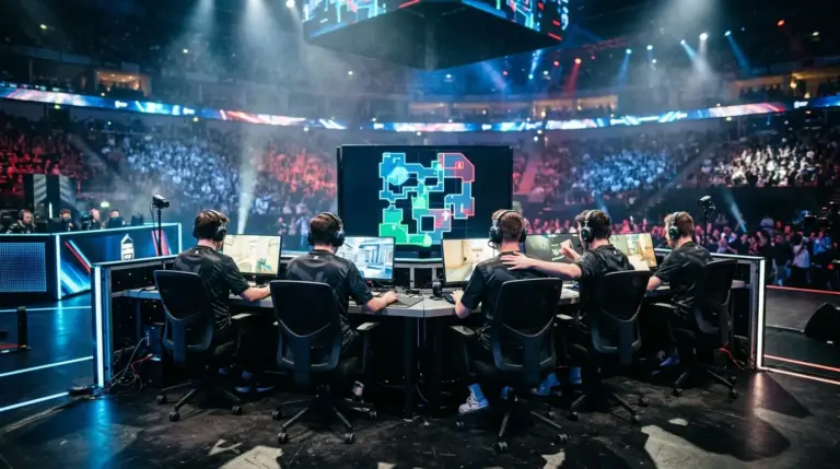 GamerLegion players celebrate a dominant Counter-Strike esports tournament sweep on a lit competitive stage